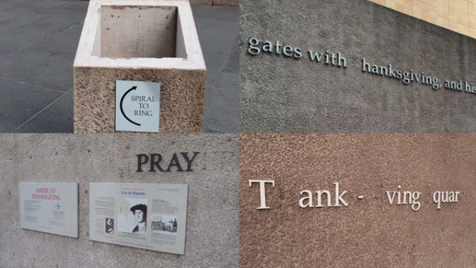 Four examples of worn, confusing, or dated signage in Thanks-Giving Square. 