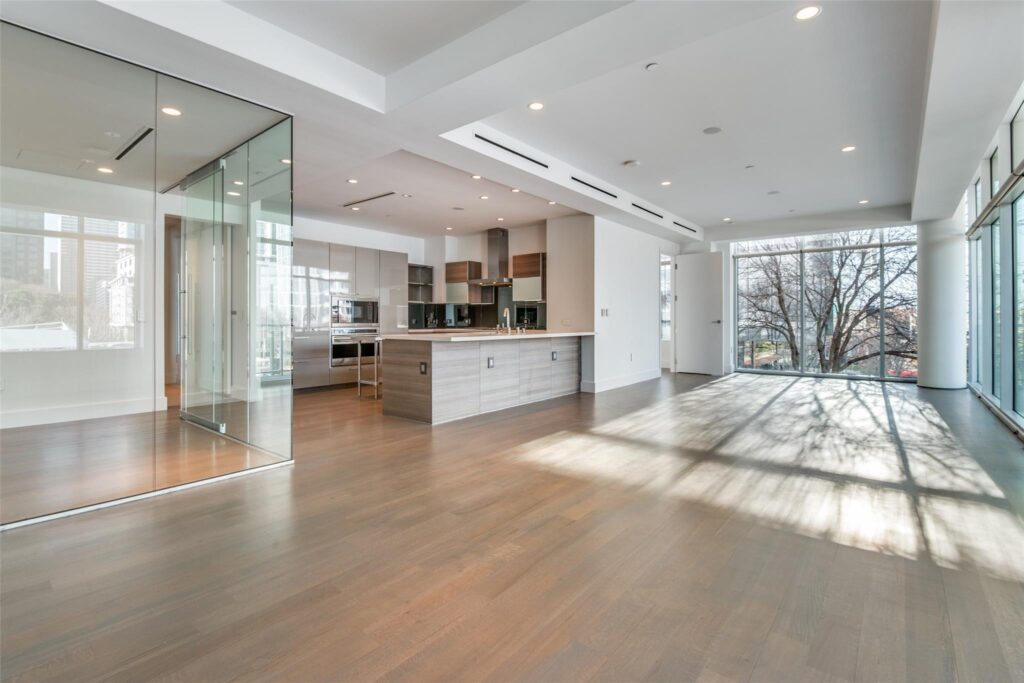 Open living, dining, kitchen, office space