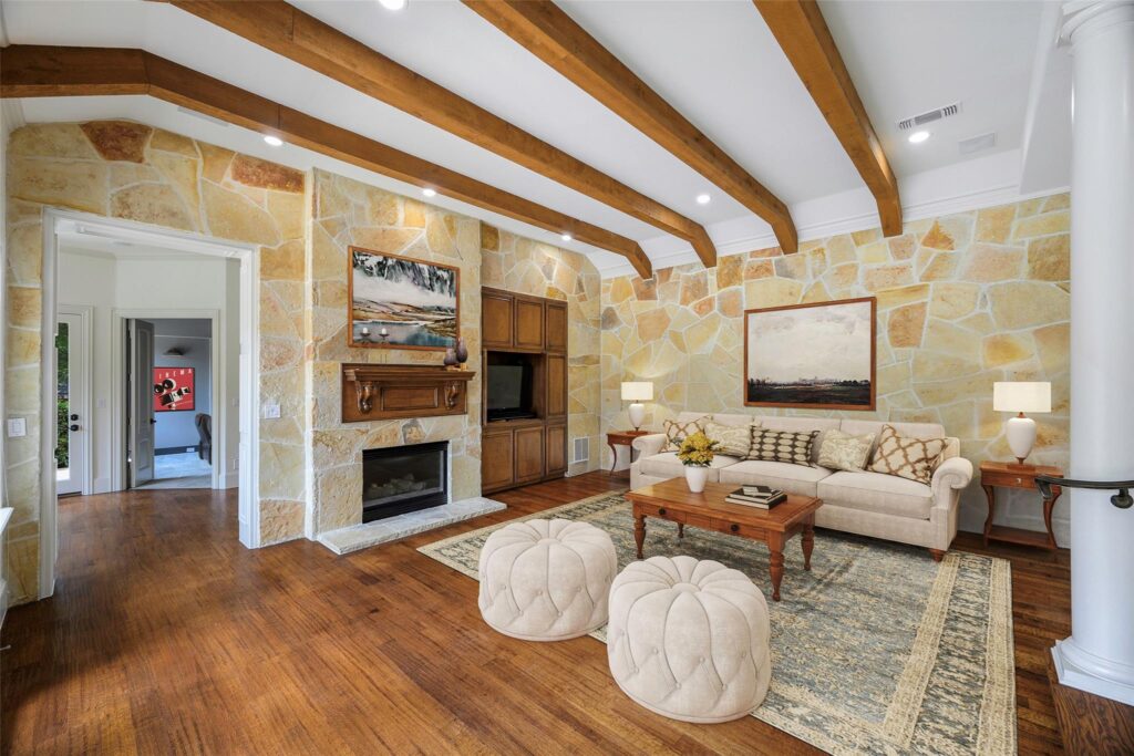 den with cedar ceiling beams