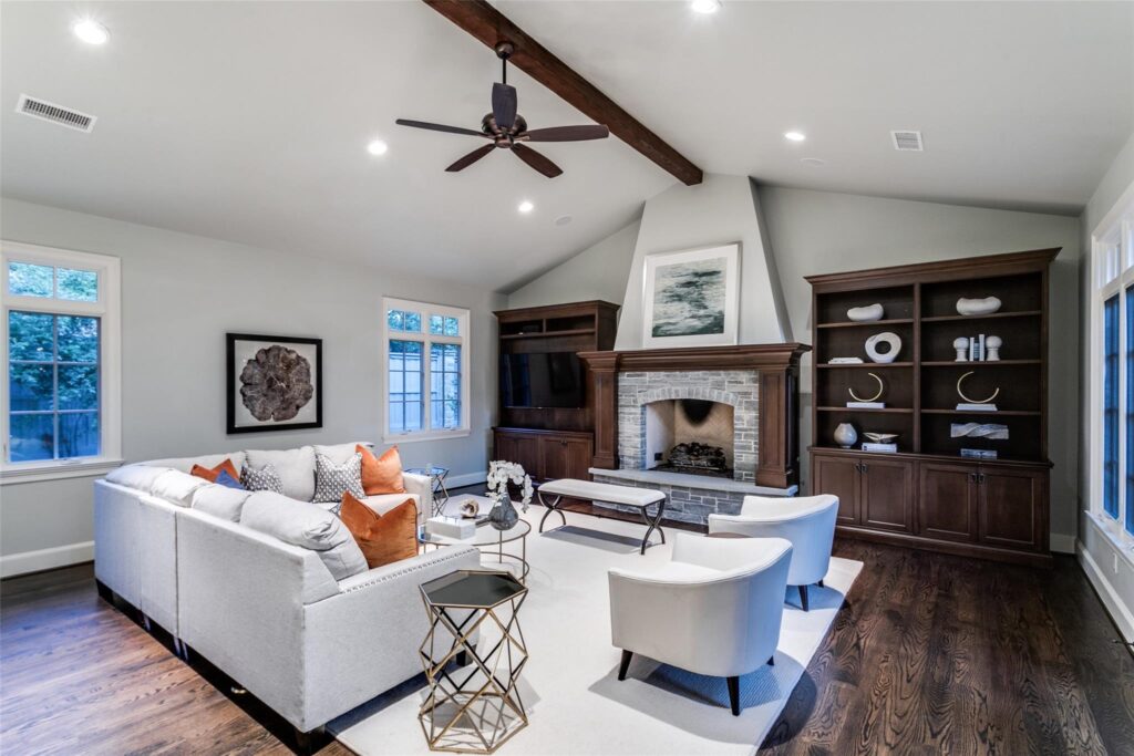 Devonshire den with fireplace and built-ins