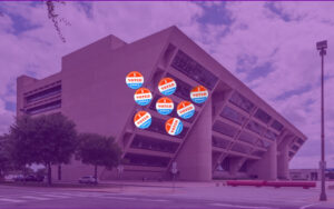 Dallas City Hall with "I Voted" stickers
