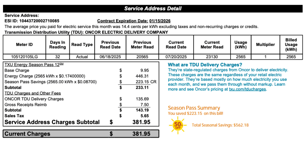Screenshot of TXU electricity bill