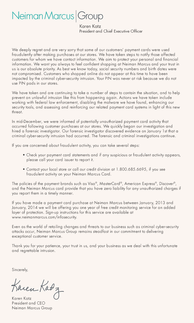Neimans Security Letter